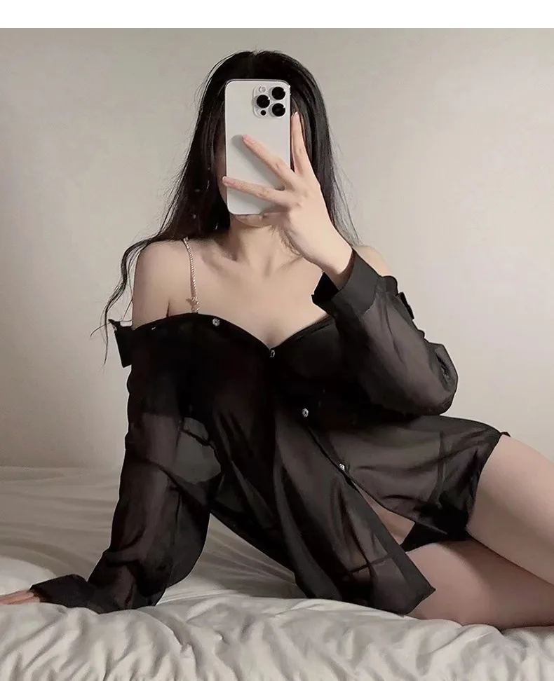 قميص بيجامة نسائي أبيض شفاف ورقيق ومثير قميص بيجامة متوسط الطول قميص فضفاض كبير الحجم ملابس منزلية شيفون