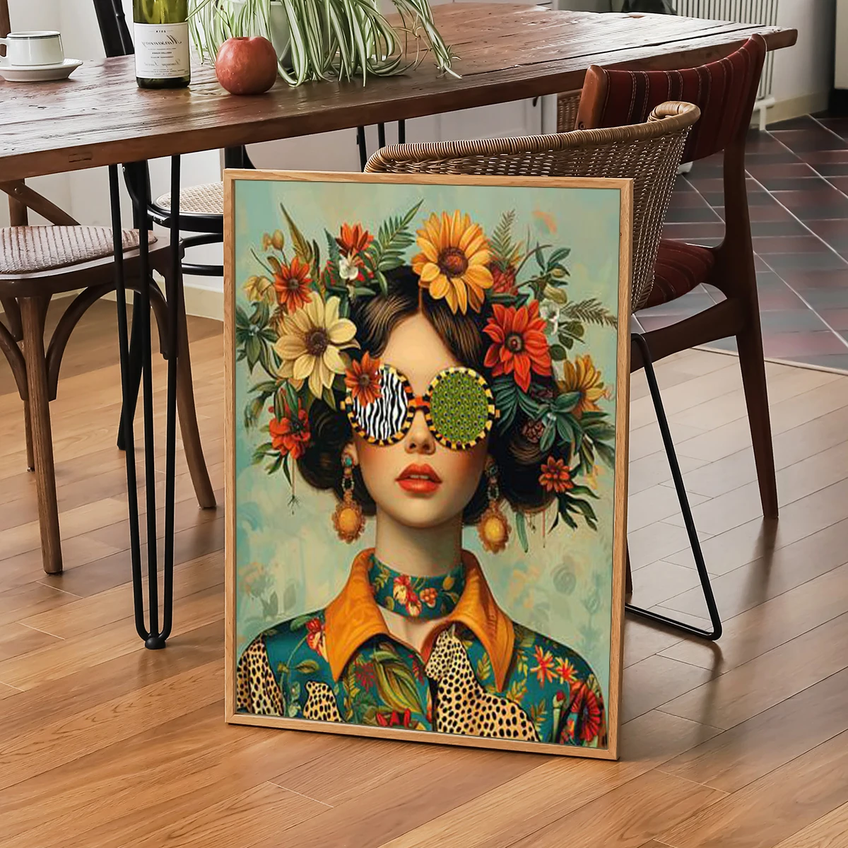 Hermosa mujer con ojos y cabeza de flor estampado retrato femenino arte feminismo pintura retrato con flores lienzo impreso artístico