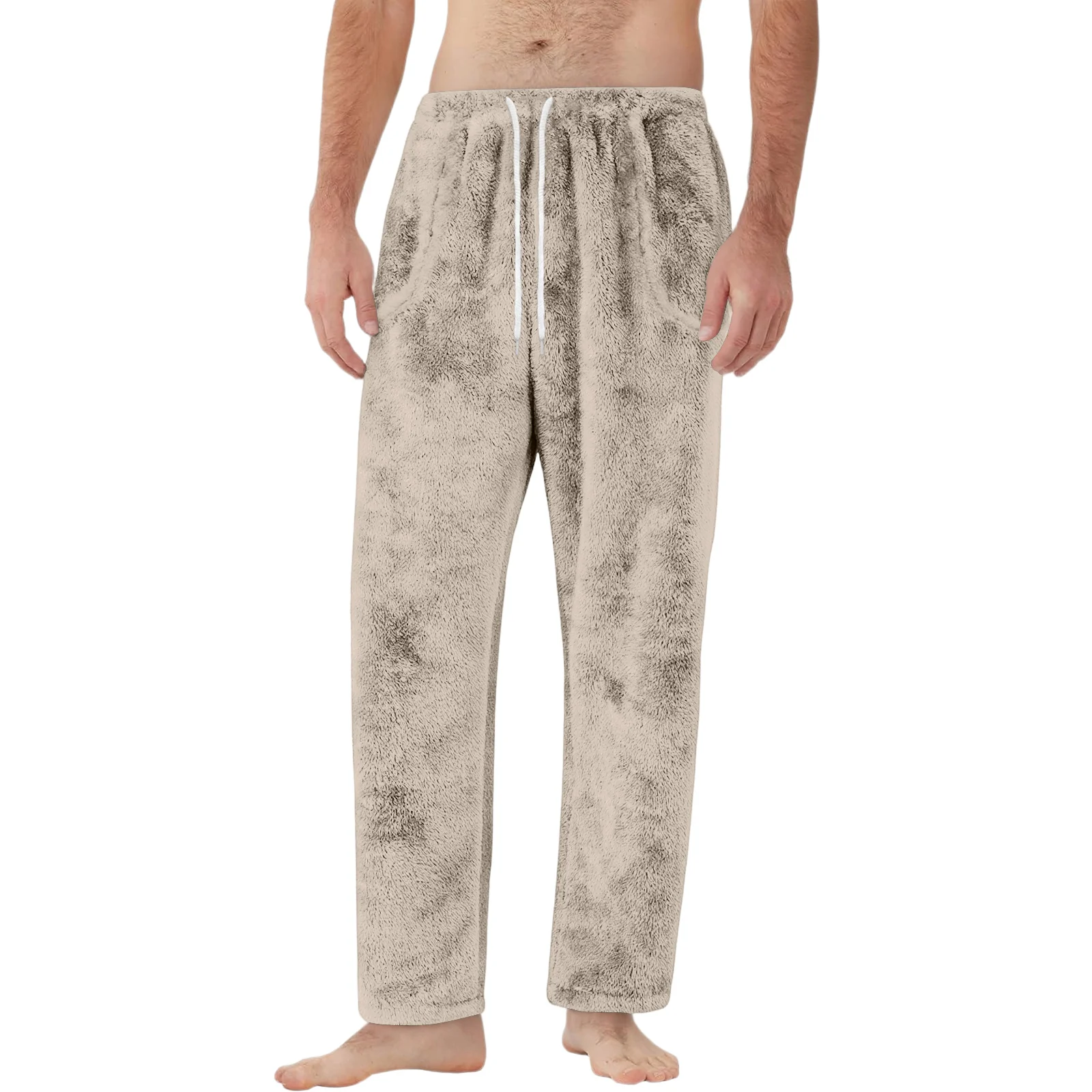 

Mens Autumn Winter New Homewear Sleep Pants Warm Flannel Solid Pajamas Pants Drawstring Pocket Causal Straight Sleep Bottoms