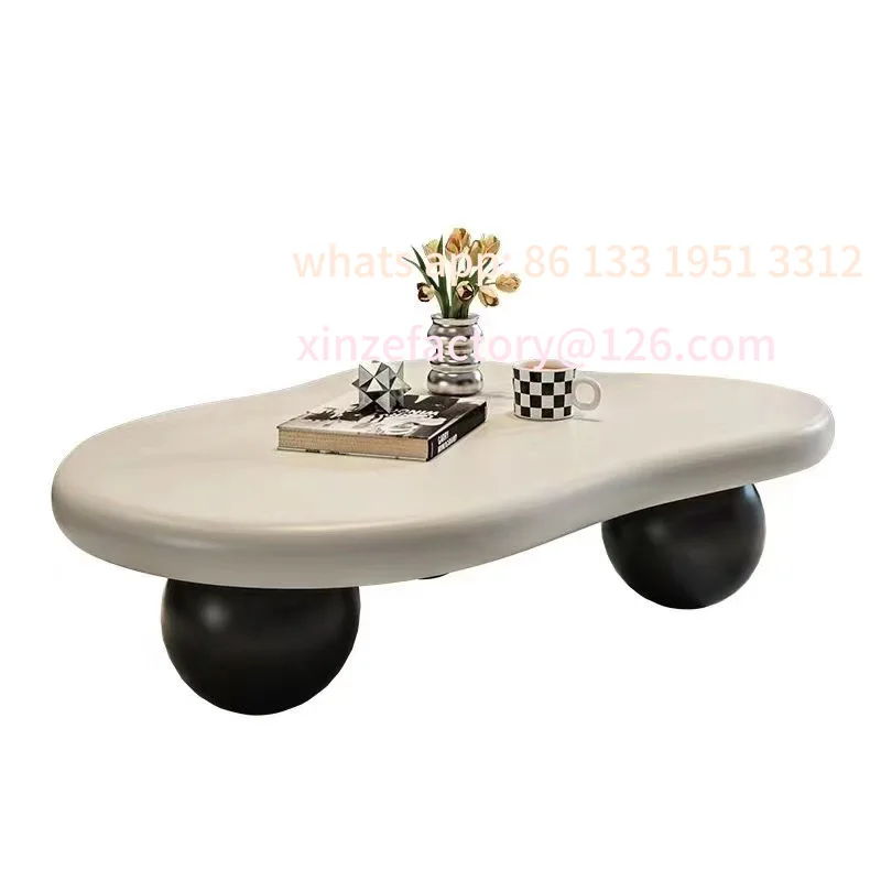 سطح كريمي حديث وبسيط قابل للتخصيص، طاولات قهوة سوداء مستديرة القدم، شقة صغيرة، طاولة غرفة معيشة غير منتظمة الشكل #4