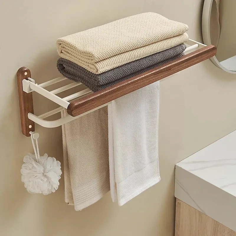 

Настенная складная полка-органайзер для полотенец из орехового дерева без сверления, экономия пространства, деревянный держатель для полотенец в ванную комнату