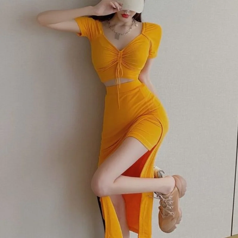 Slim Women's Sexy Orange Drawstring T-shirt V Short Sleeve Top Summer 2025 New Cotton Slit Asymmetric Skirt Sets Wild