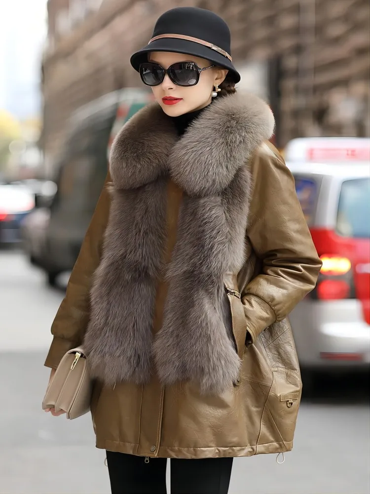 YOLANFAIRY جلد طبيعي أسفل سترة المرأة الثعلب الفراء طوق فضفاض معطف جلد الغنم المرأة سترات من الجلد ملابس السيدات أنيقة