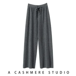 Autumn and Winter New Women Pants 100% Cashmere Soft Comfortable High-Waist Knitted Trousers Female Loose Thicken Wide Leg Pants