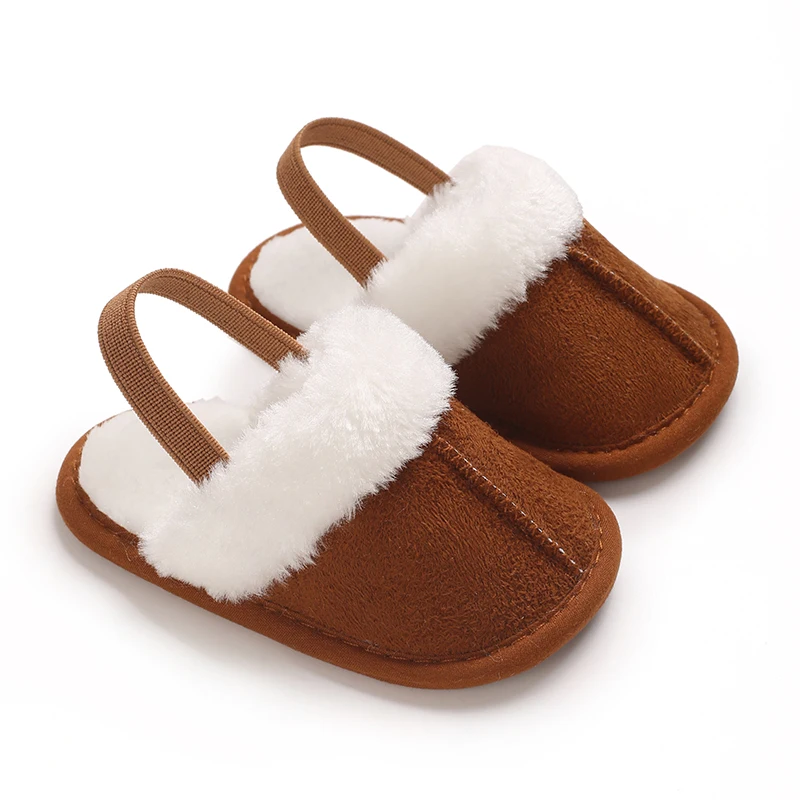 Toddlers Baby Boys Girls Fluffy Slides Soft Slippers Anti-slip Pre-walker Newborn Plush Warm Floor Shoes Elastic Back Strap