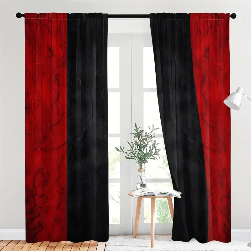 2pcs Bold Red & Black Marble Printed Curtains, Designed for Light Filtering, Quality Material, Ideal for Modern Home Window Dec