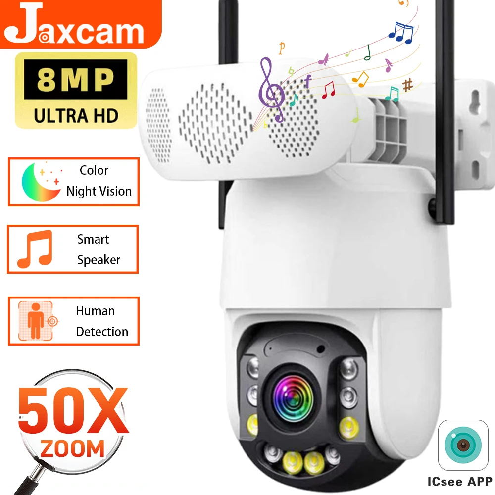 8MP 4K HD IP Camera 50X Zoom Humanoid Detection with Smart Speaker IP66 Waterproof 2 Way Audio PTZ CCTV Camera