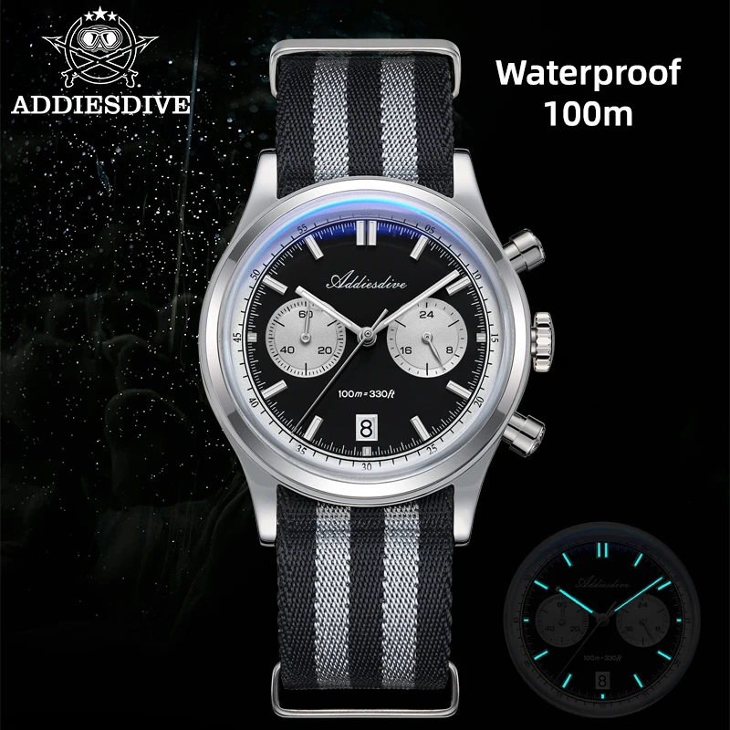 

ADDIESDIVE 38mm Chronograph Quartz Wristwatch AR Coating BGW9 Luminous 100m Waterproof Men's Watches Luxury AD2542 reloj hombre