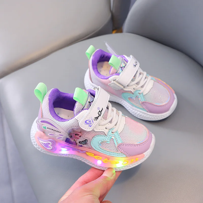 Disney Children Led Shoes Kids Girls Sneakers Frozen Elsa Princess Lighting Shoes Pink Purple Casual Sports Shoes Size 21-31