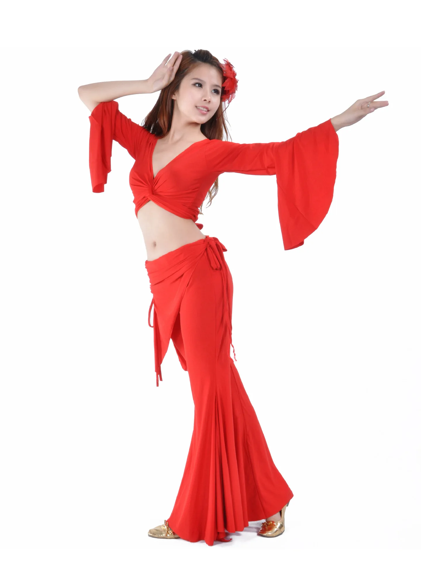 Belly Dance Suit Crystal Cotton Bell Sleeves Crystal Cotton Waist Skirt Tribal Pants Stage Performance Dance Accessories