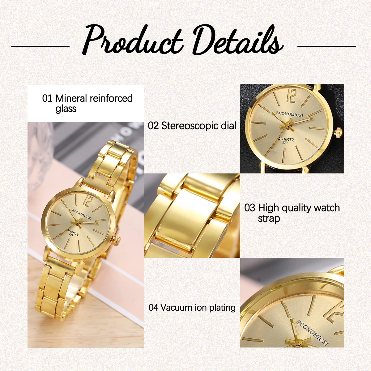 2Pcs Ladies Fashion Trend Gold Digital Alloy Steel Band Quartz Watch Classic Five-Pointed Star Diamond-Diamond Bracelet Set