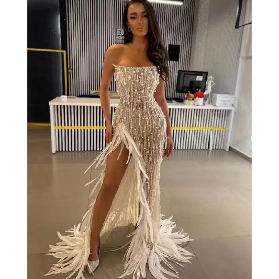 Gorgeous Feathers Beading Sequins High Slit Strapless Floor Length Dress Woman Birthday Party Vestido Stage Performance Costume