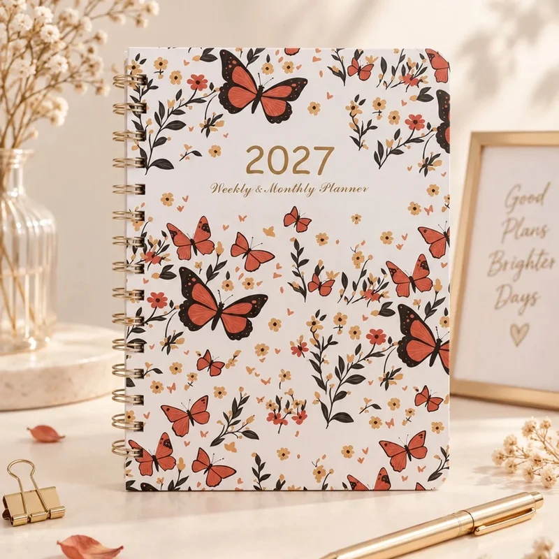 2027 Spiral Weekly & Monthly Planner, 4 Floral Covers Monthly Tabs Inner Pocket for Work School Daily Agenda Organizer Notebook