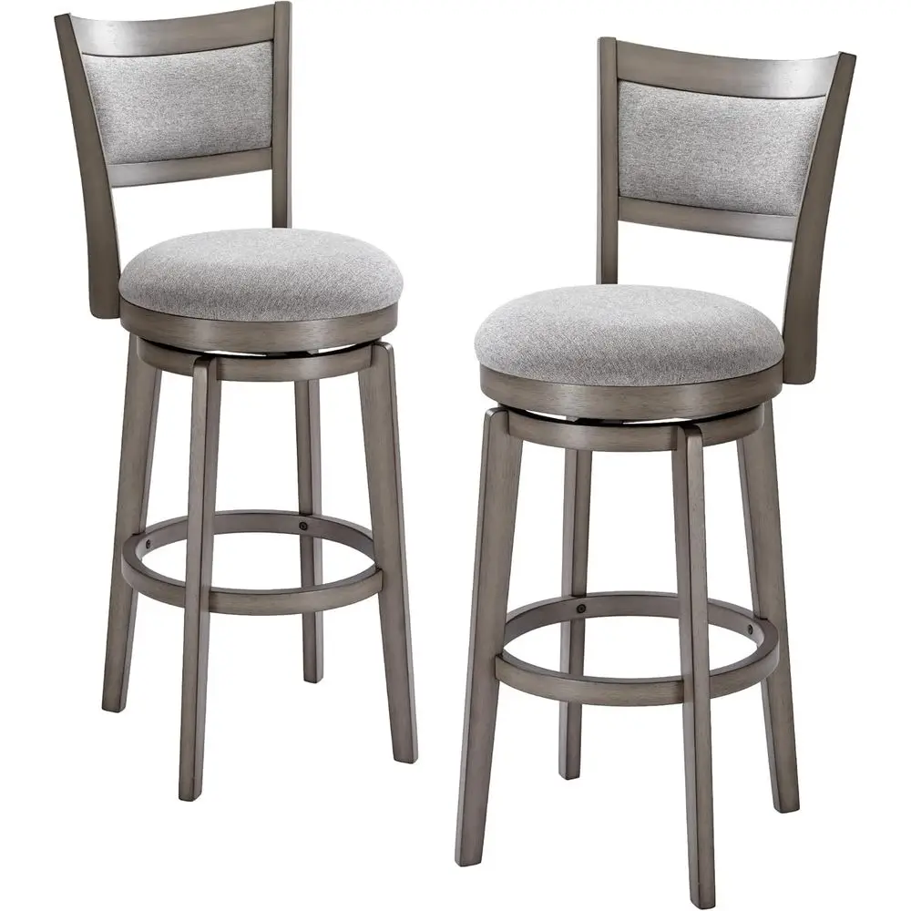 

Set of 2 Grey 30-Inch High-Back Swivel Bar Stools with Solid Wood Legs and Wrap-Around Footrest