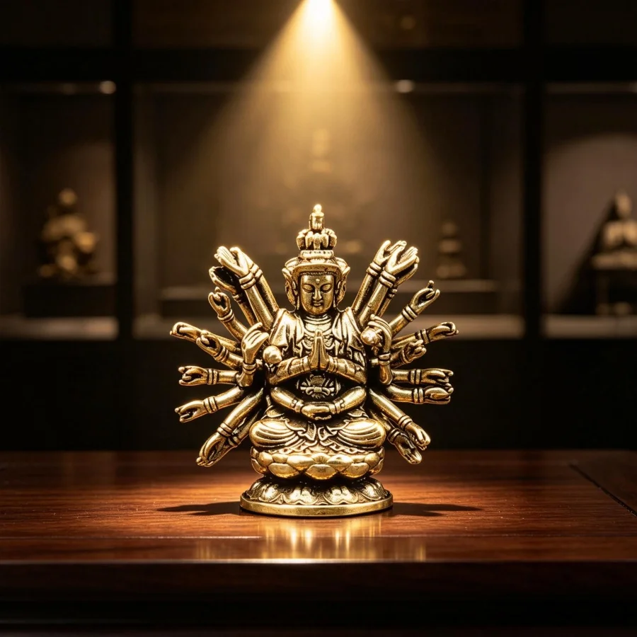 Solid Brass Thousand-Armed Guanyin Ornament, Home Buddha Statue Tabletop Decoration, Copper Craft Collectible Figurine