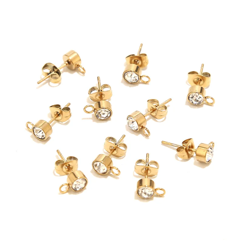 50pcs/lot Gold Plated Stainless Steel 6mm Width Earrings Charm Crystals Ear Studs For DIY Jewelry Earrings Making Findings