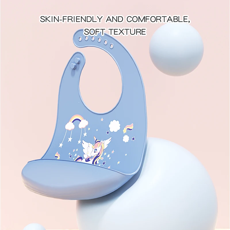 

Silicone Baby Bibs for Infants & Toddlers Cartoon Waterproof Soft Food Catcher Pocket Easy Wipe&Dishwasher Safe - Adjustable Fit