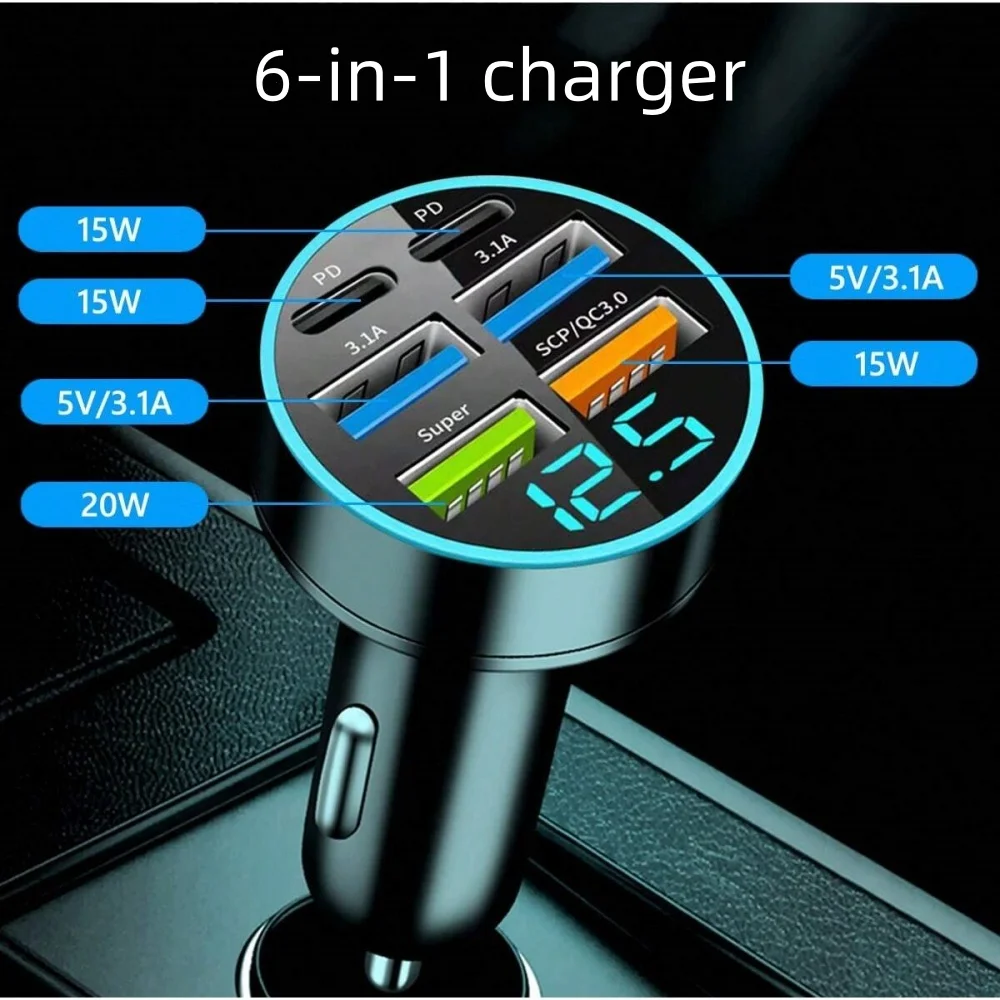 Digital Display 6 In 1 USB Type C Charger Car Charger Fast Charging Car Mobile Phone Adapter For iPhone 16 Xiaomi Samsung Huawei