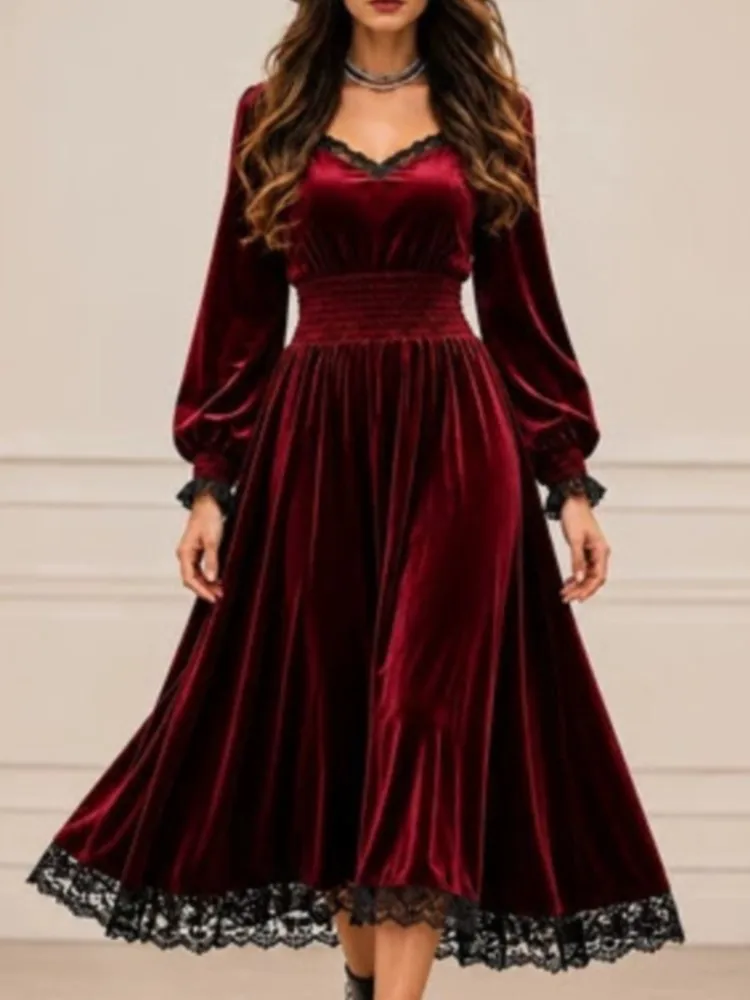 Herbst-Winter-Mode Einfarbiges Langarm-Halloween-Midikleid Damen Casual V-Ausschnitt Samt Schlankes Spitzenbesetztes Weihnachtskleid