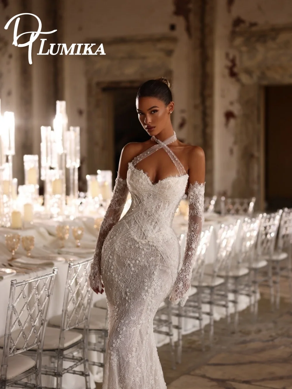 

Vintage Halter Neck Lace Mermaid Wedding Dress 2026 Beaded Bridal Dress Ethereal Sheer Gloves Bridal Gown Vestidos De Novia