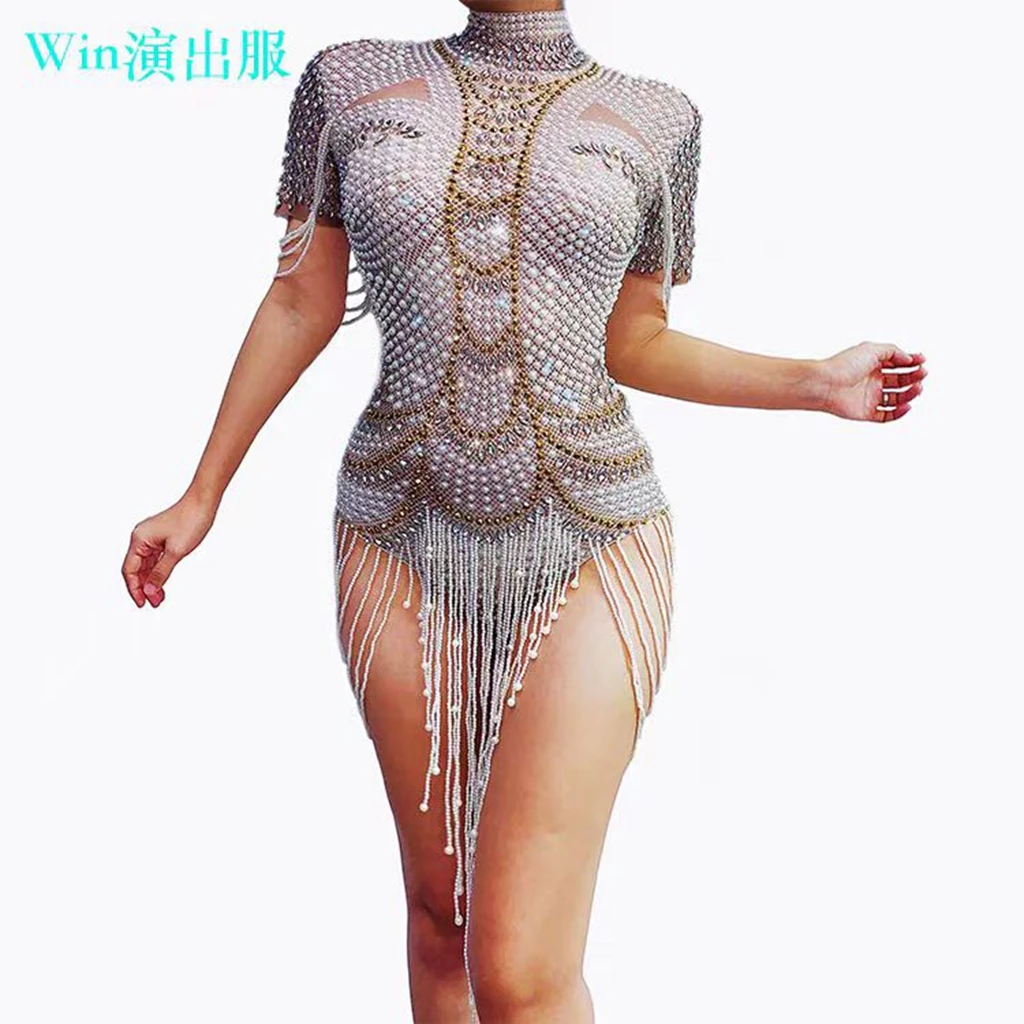 Pearl Tassel Slim Fit Sexy Jumpsuit Shorts Nightclub Bar Female Singer Dance Team Stage Costume Party Model Runway Theme Show