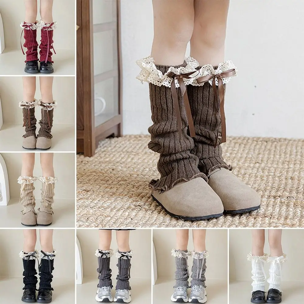 Harajuku Solid Color Kids Lace Leg Warmers Knitted Lace Trim Foot Cover Sweet Style Elastic Long Stockings Lolita Style