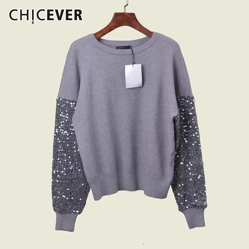 

CHICEVER Gray Spliced Sequins Sweatshirt Female O Neck Long Sleeve Loose Streetwear Design Women's Sweatshirts Autumn Fashion