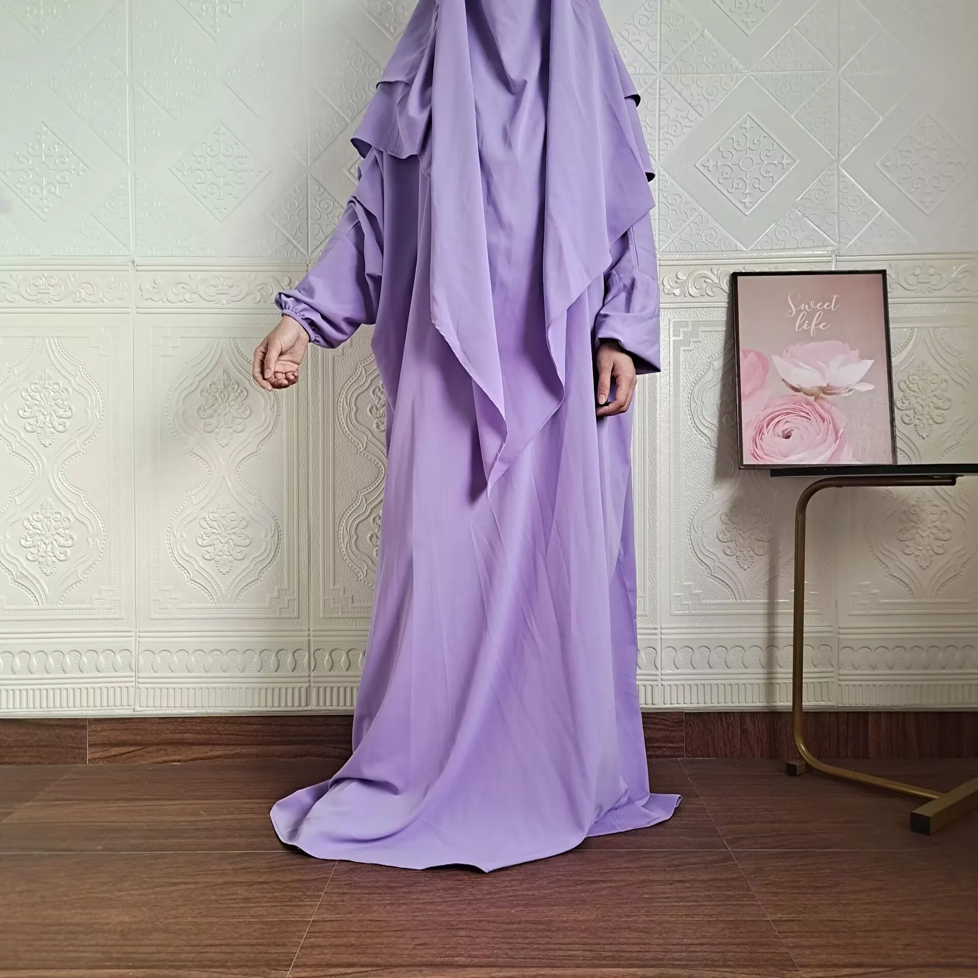 Khimar-2-Layer Abaya Набор для мусульманских женщин, с длинным рукавом Jilbab, Молитвенное хиджаб платье, мусульманская одежда, Нида, высокое