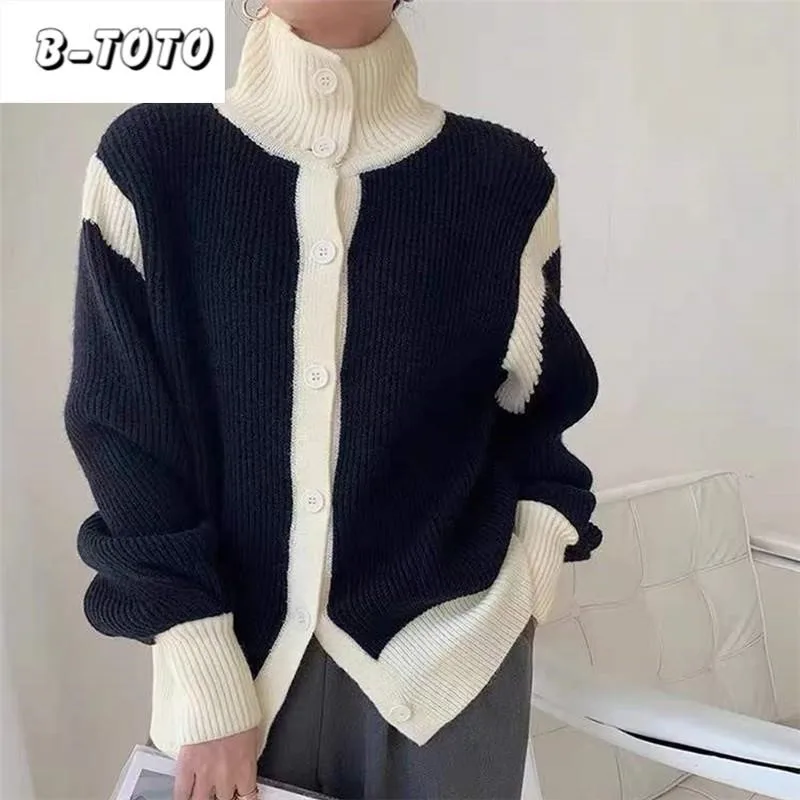 

B-TOTO Contrasting High Neck Sweater For Spring And Autumn Loose Soft And Lazy Striped Knitted Cardigan Can Be Used As A Jacket