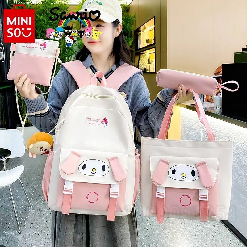 Sanrio Grande Capacidade Multi-Funcional Mochila Estudante, Mochila Escolar das Meninas, Marca de Luxo, Novo, Conjunto 4 Pcs