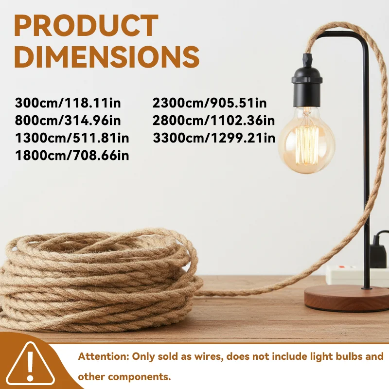 Rope Electrical Wire, Braided Hemp Cord, Vintage Lamp Wire, DIY Pendant, 2 Core, Industrial, Decor