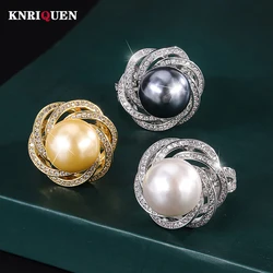 Luxury 14MM White Black Big Pearl Adjustable Flower Rings for Women Lab Diamond Cocktail Party Fine Jewelry Statement Wholesale