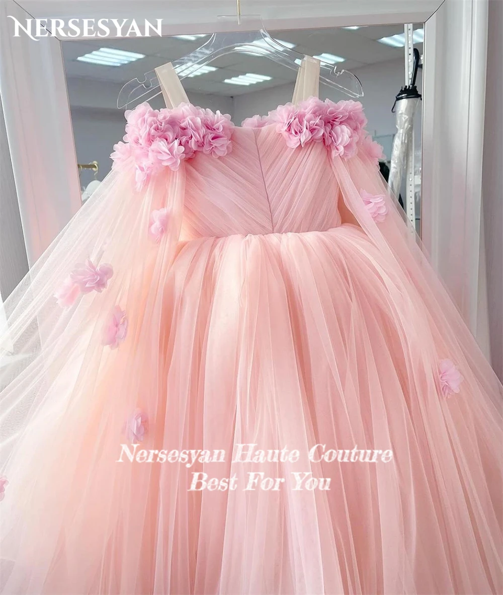 Nersessuperb-Robes de demoiselle d'honneur roses élégantes pour mariage, manches ange, fleurs 3D, ligne A, plis, tulle, soirée occasionnelle, quoi que ce soit, 2024