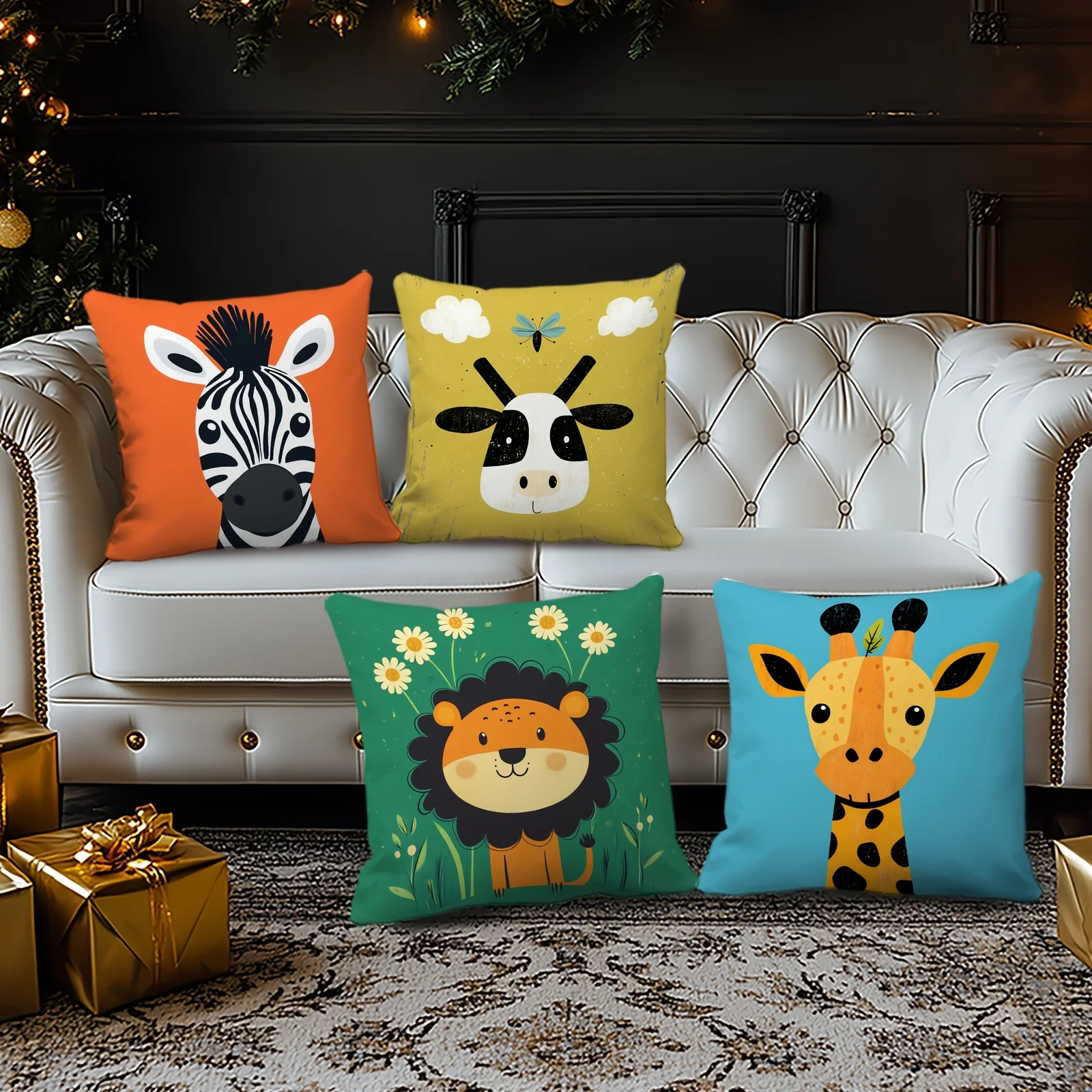 1pc Cute Safari Animal Throw Pillow Covers Cartoon Zebra Cow Lion Giraffe Home Decor Cushion Cases for Kids Bedroom Living Room
