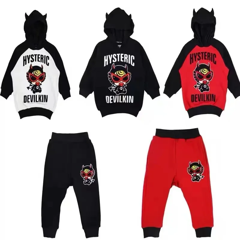 2024 Autumn and Winter Trendy Brand Children's Clothing Black Super Devil Pattern Children's Fleece Sweatshirt Set