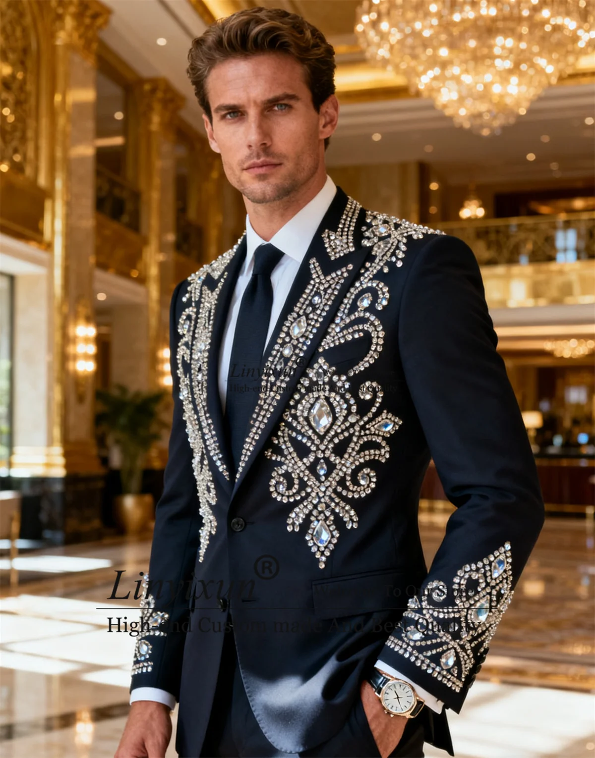 

Формальные деловые мужские костюмы, элитные свадебные костюмы со стразами и кристаллами Homme, комплекты из 2 предметов, мужские пиджаки для выпускного вечера по индивидуальному заказу