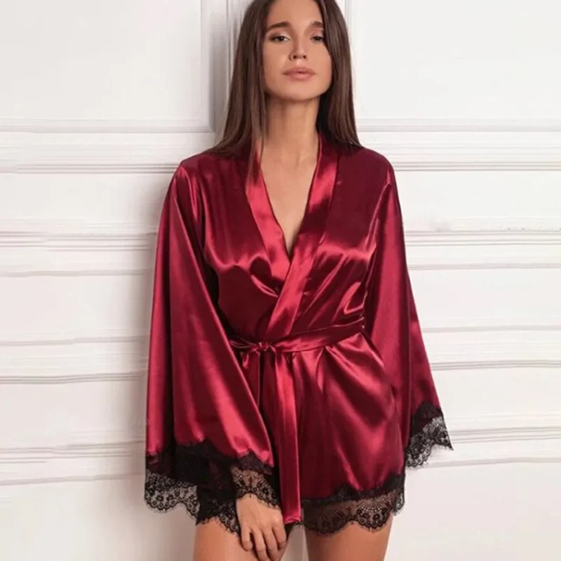 Sexy Women Home Dressing Gown Lingerie Lace Patchwork Satin Robe Set Nightwear Casual Sleepwear Kimono Bathrobe Home Nightdress