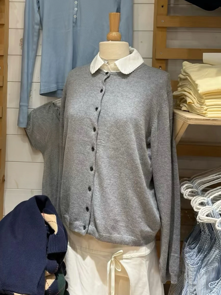 

Вязаный кардиган с длинным рукавом, женский однобортный серый свитер с круглым вырезом, верхняя одежда, осенний мягкий хлопковый винтажный трикотаж