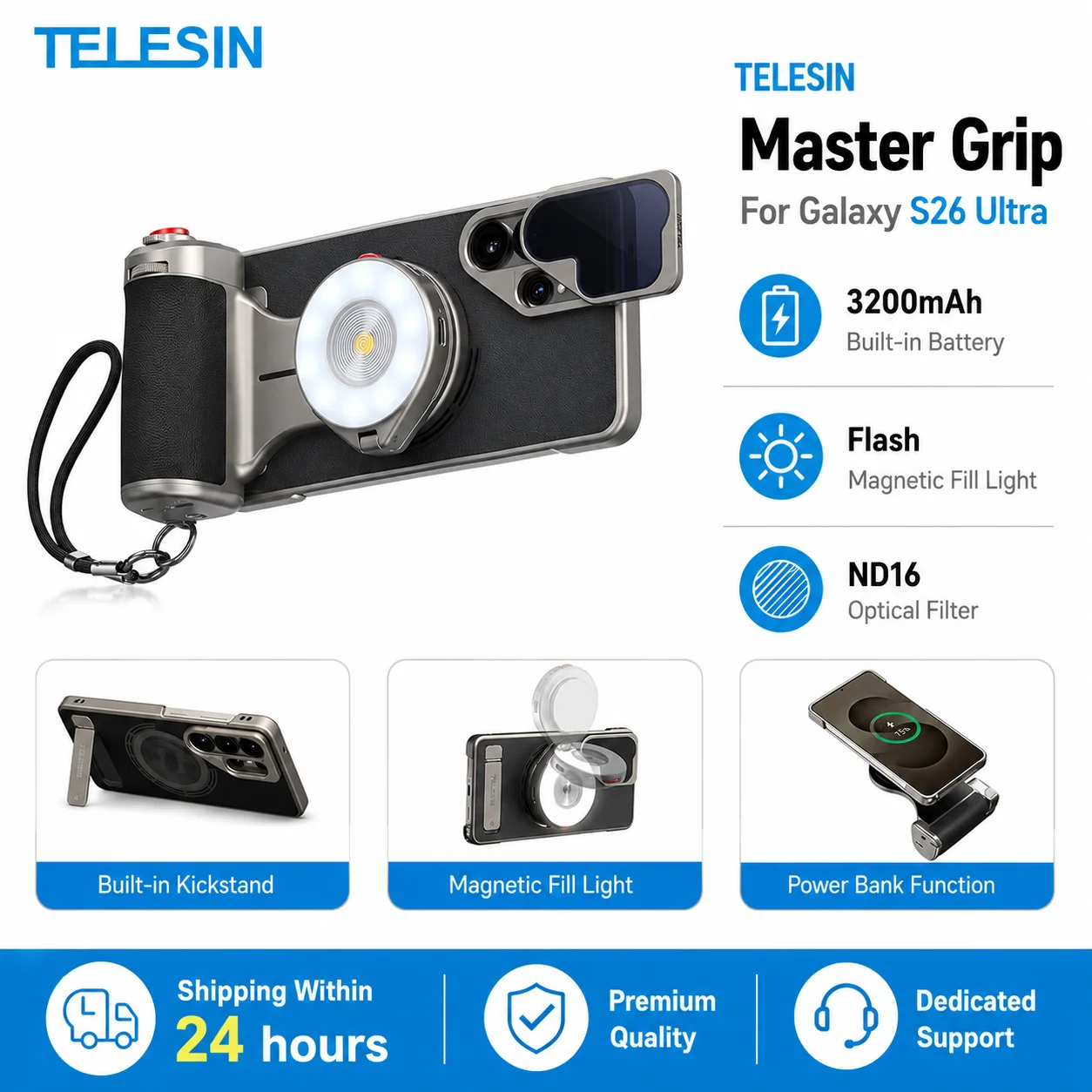

TELESIN Master Grip for Galaxy S26 Ultra Magnetic Camera Grip with 3200mAh Battery Handle ND16 Filter Fill Light