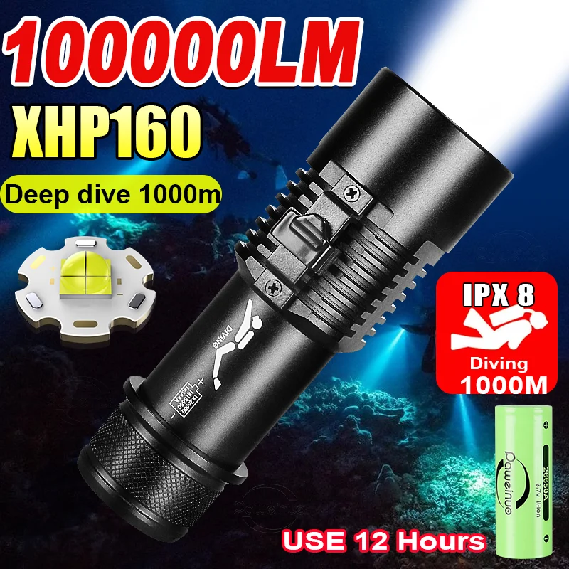 

100000LM XHP160 LED High Power Diving Torch IPX8 Professional Diving Flashlight Underwater Lantern Scuba Diving Waterproof Lamp
