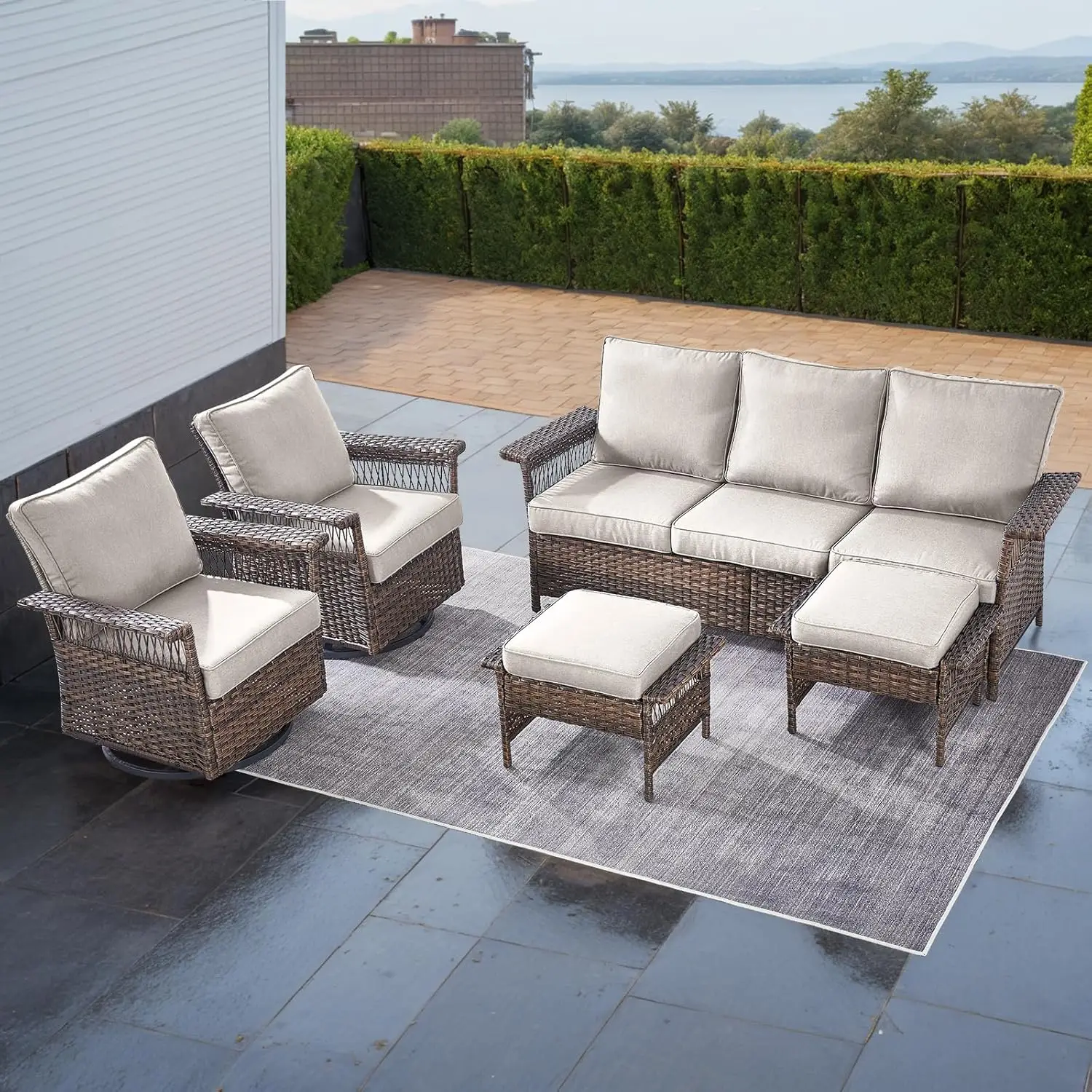 Outdoor Wicker Patio Furniture Set - 5 Piece Rattan Patio Conversation Sets with 2 Rocking Swivel Chairs,2 Ottomans and 1 Sofa