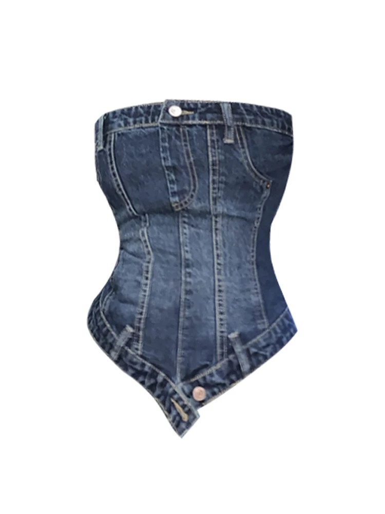 Damski Denim Crop Top Vintage Y2k Summer Strapless Camisole Fashion Streetwear Casual Tube Top Female Sexy Off Shoulder Vest