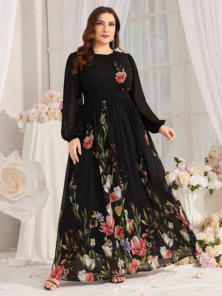 

TOLEEN 2024 New in Casual Elegant Mesh Black Fashion Holiday Long Dresses Plus Size Women Floral Print Lantern Sleeve Midi Dress