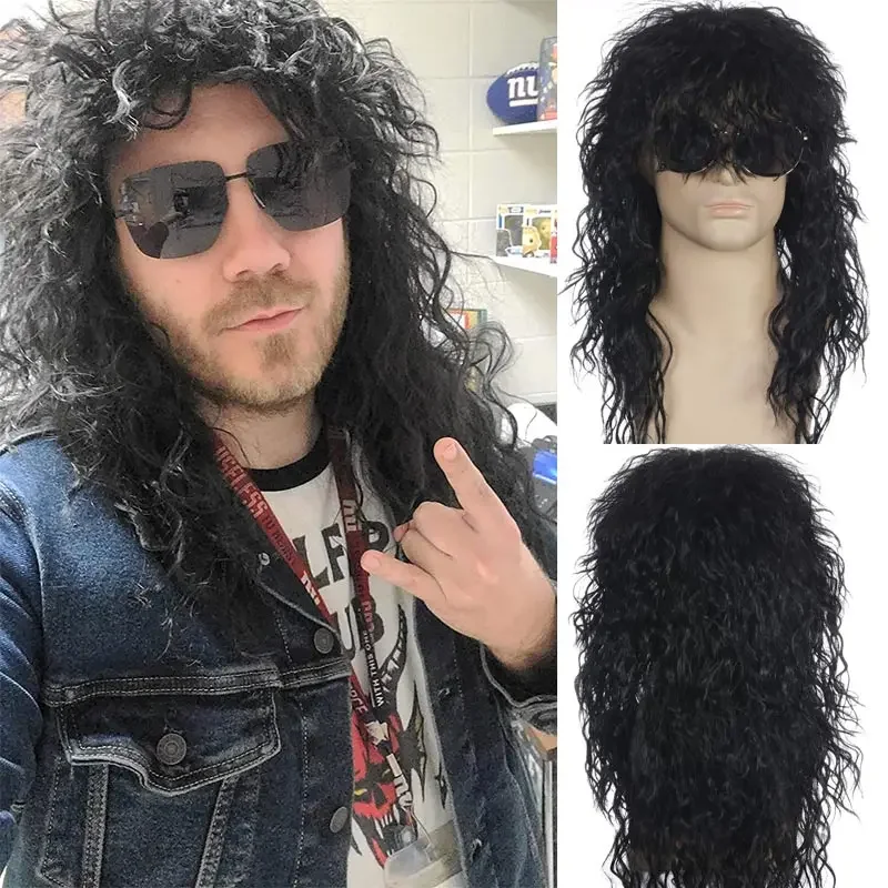 Men's Fashion Synthetic Cosplay Party Wig Black Color Rock Heavy Metal Halloween Costume Wig Women 70s 80s Long Curly Hair