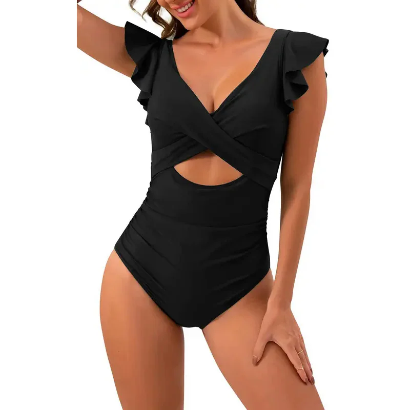 2024 New one-piece slim solid color printed cross hollow ruffle swimsuit for women