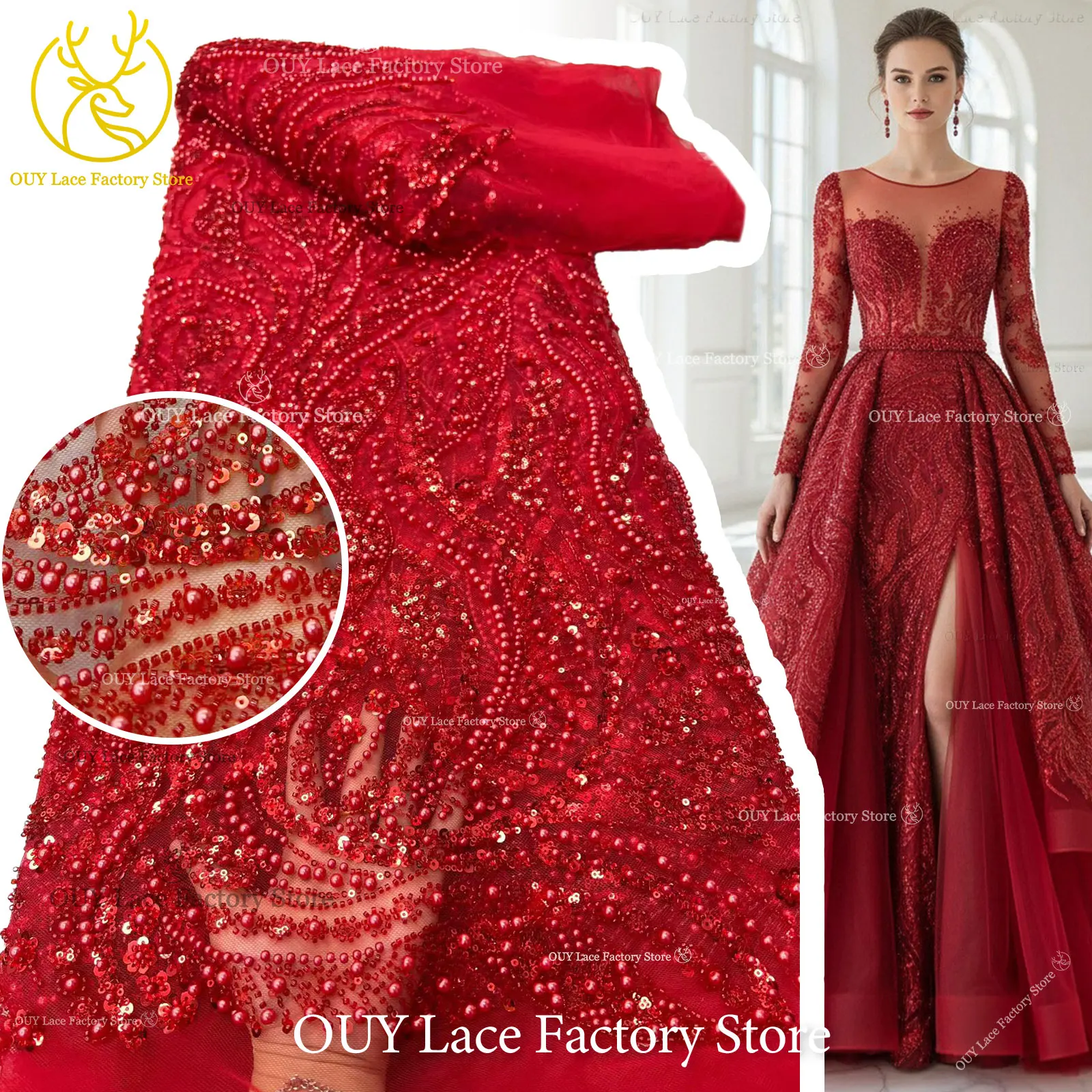 

5 Yards Nigerian Red Groom Beaded Lace Fabric High Quality African Heavy Beaded Sequins Lace For Bridal Wedding Party Dress