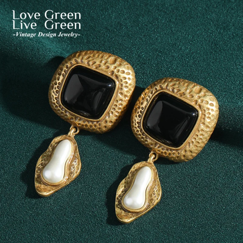 

Vintage Black Agate Drop Earring Gold Color Pearl Peanut Large Jewelry Quality Luxury Designer Gifts For Women Halloween Party
