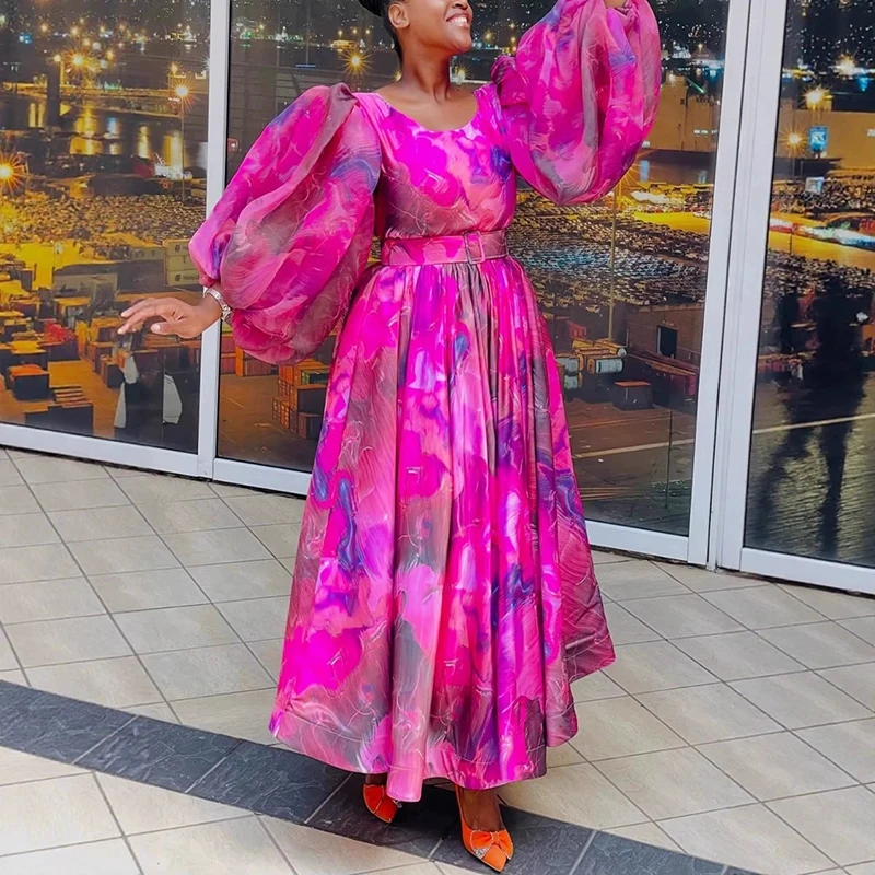 

Spring Summer High Waist Pleated Bohemian Dress 2026 Elegant Mesh Swing Long Dress Ladies Fashion O-neck Puff Sleeve Party Dress