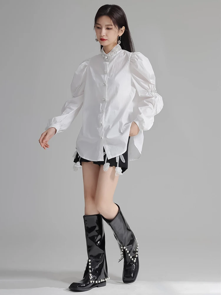 [EAM] Women White Rhinestones Vintage Blouse New Stand Collar Long Puff Sleeve Shirt Fashion Tide Spring Autumn 2024 1DH4181