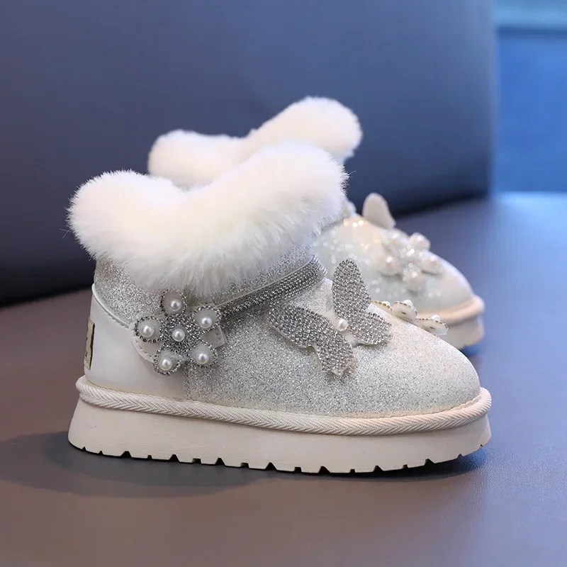 Girls Princess Boots with Thick Fur Kids Snow Boots with Flower Butterfly 2024 New Fashion Children Short Boots Side Zipper